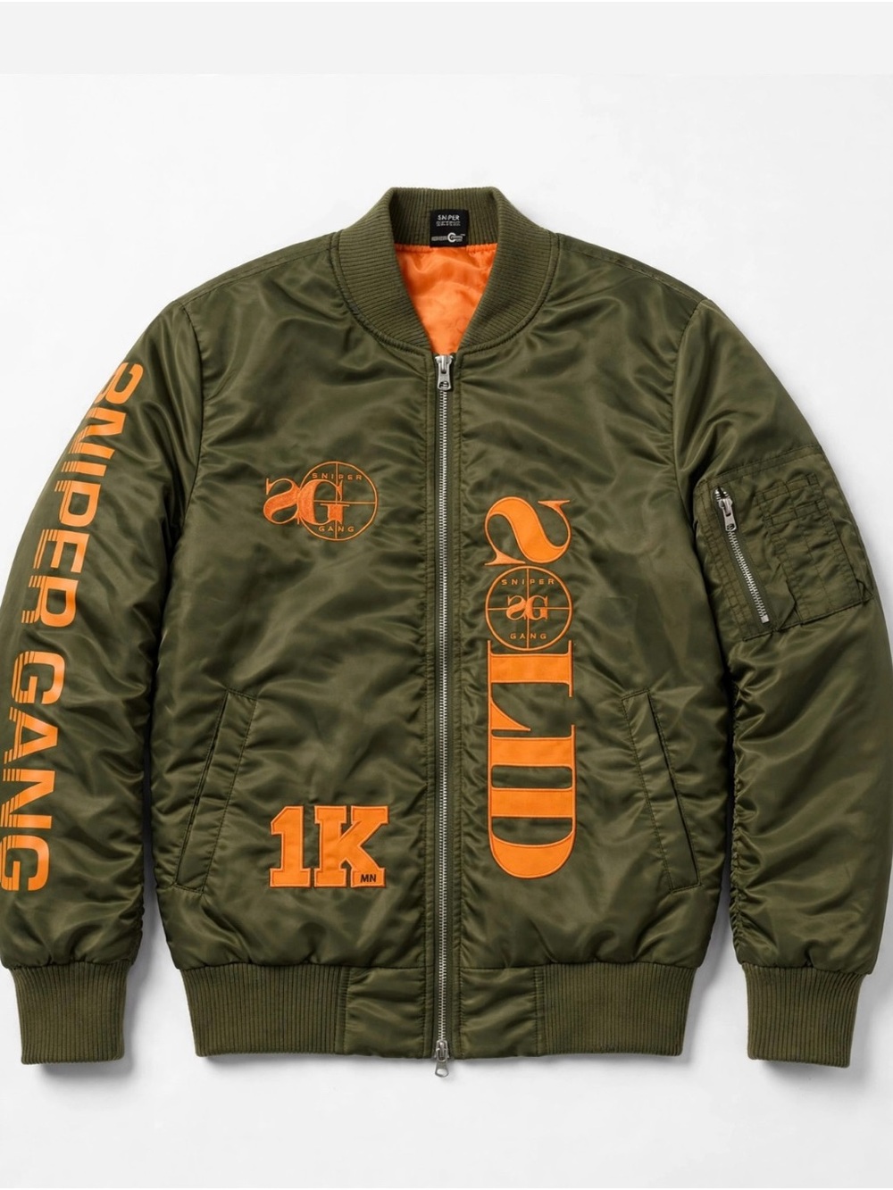 Sniper Gang Olive Green Bomber Jacket with Orange Accents
